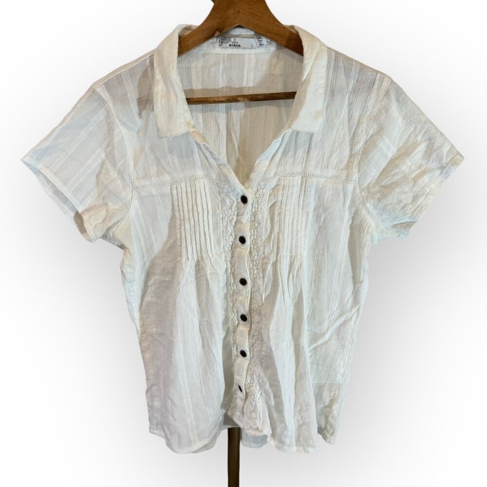 prAna Katya Eyelet Pleated Smocked Blouse Top in White Womens LG / Made in India